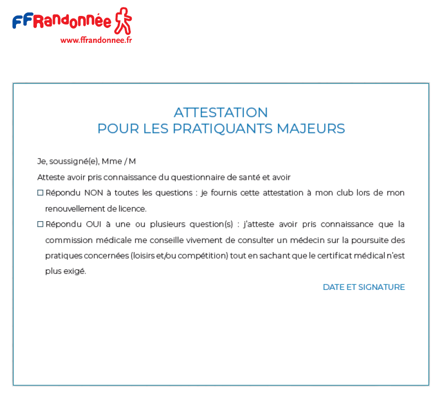 Télécharger l'attestation pour les pratiquants majeurs