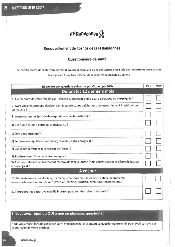 Télécharger le questionnaire de santé